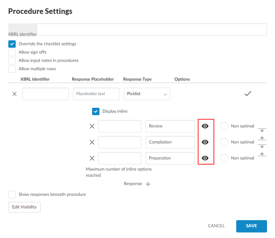 The visibility settings option for individual picklist responses in the Procedure Settings dialog.