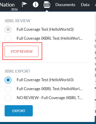 The STOP REVIEW button in the XBRL dialog.