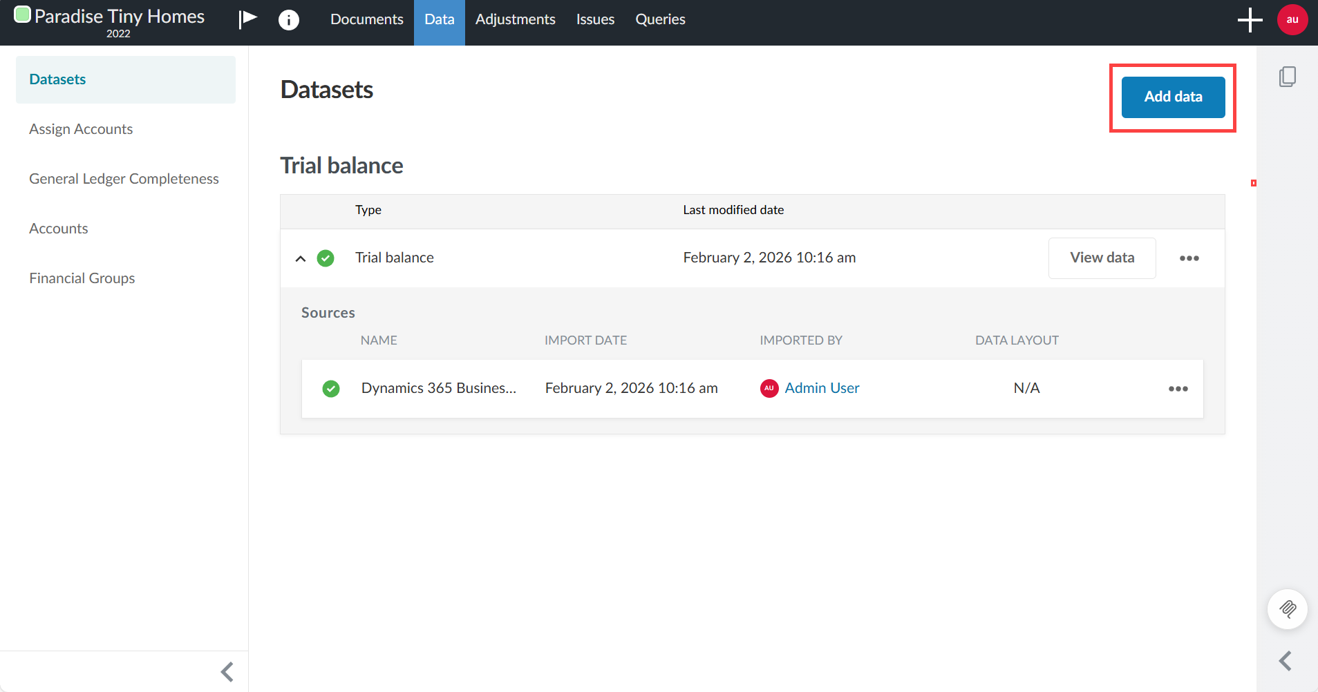 Selecting the Add data button in the Datasets tab.