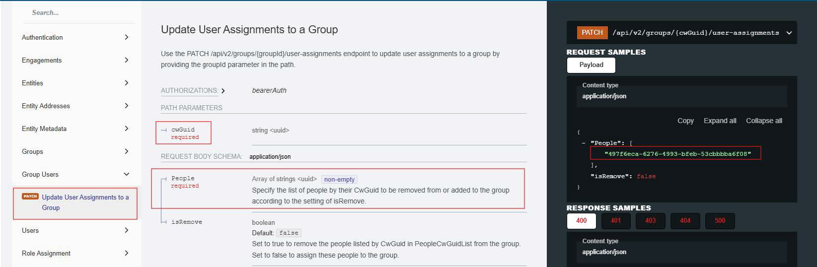 Viewing the endpoint to add users to a group.