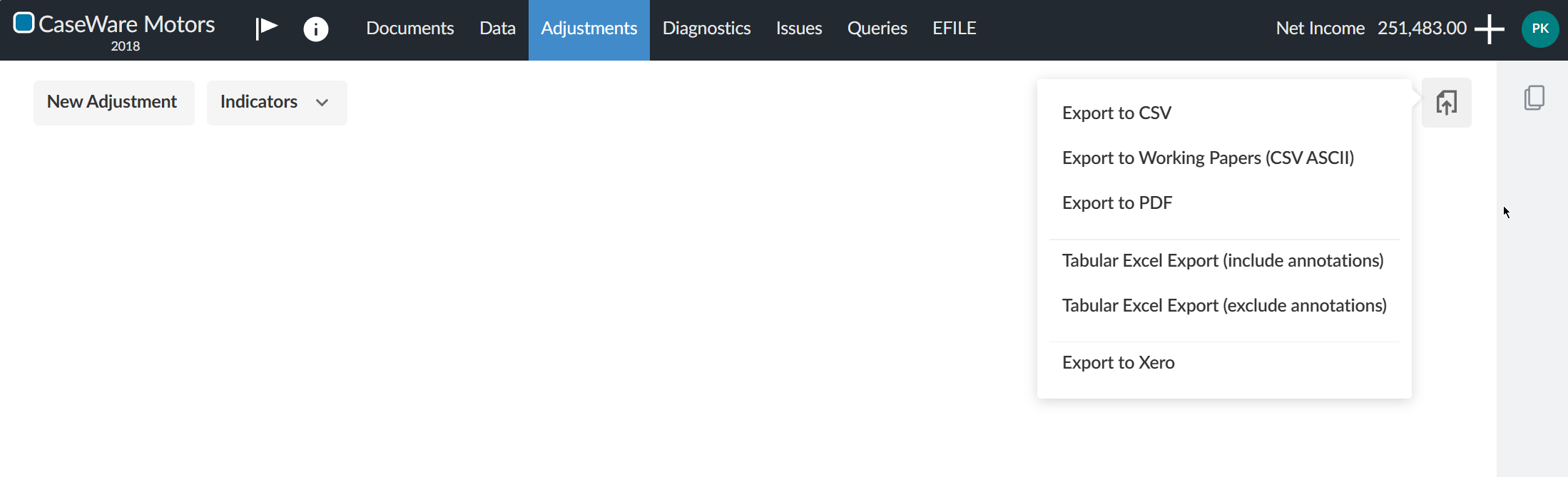 Selecting export options for adjustments.