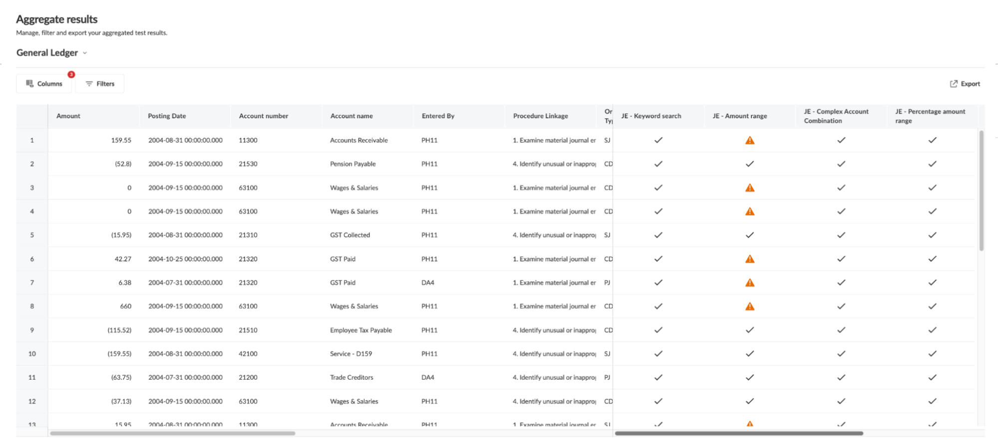 Viewing transactions related to an analytic test in OnPoint Audit.