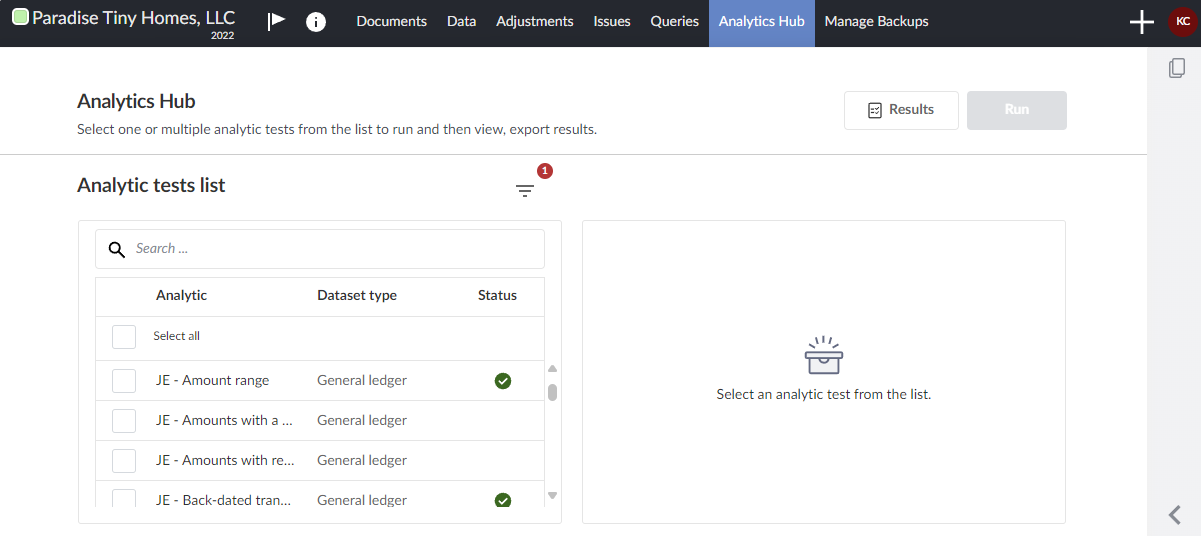 Viewing multiple analytic tests in the Analytics Hub. 