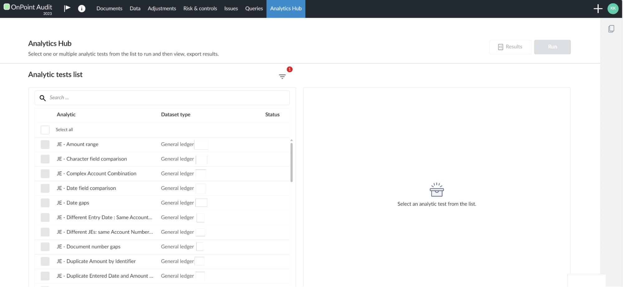 Viewing the Analytics Hub in OnPoint Audit.