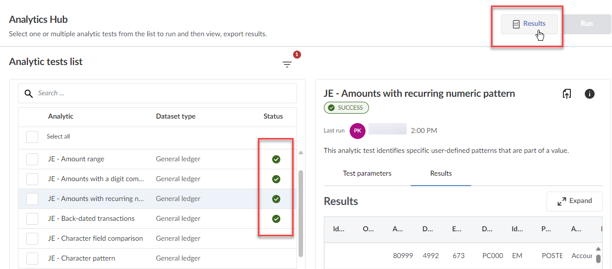 Navigating to aggregated results of multiple analytic tests. 