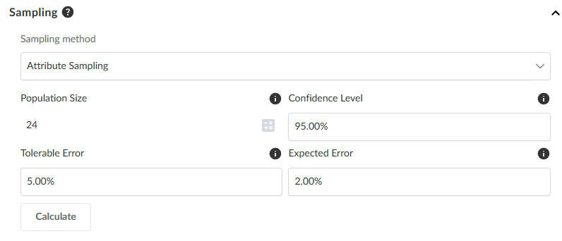 Setting parameters for the Attribute sampling calculator.