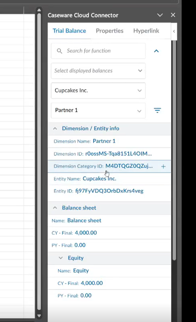 The user interface for selecting dimensions from the Cloud Connector addon in Excel.