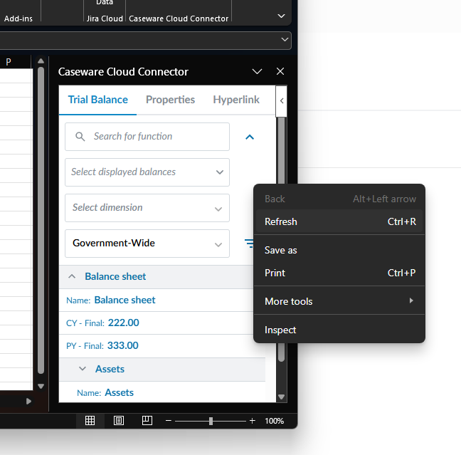 The Cloud Connector add-in user interface with the menu option that opens when you right-click within the add-in.