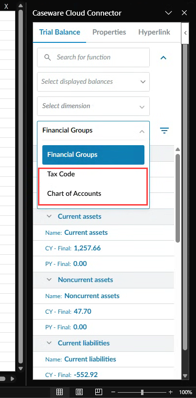 The user interface for selecting financial groups in Cloud Connector