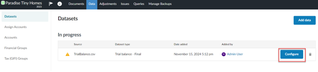 Click Configure to assign fields in the imported data to Caseware fields.