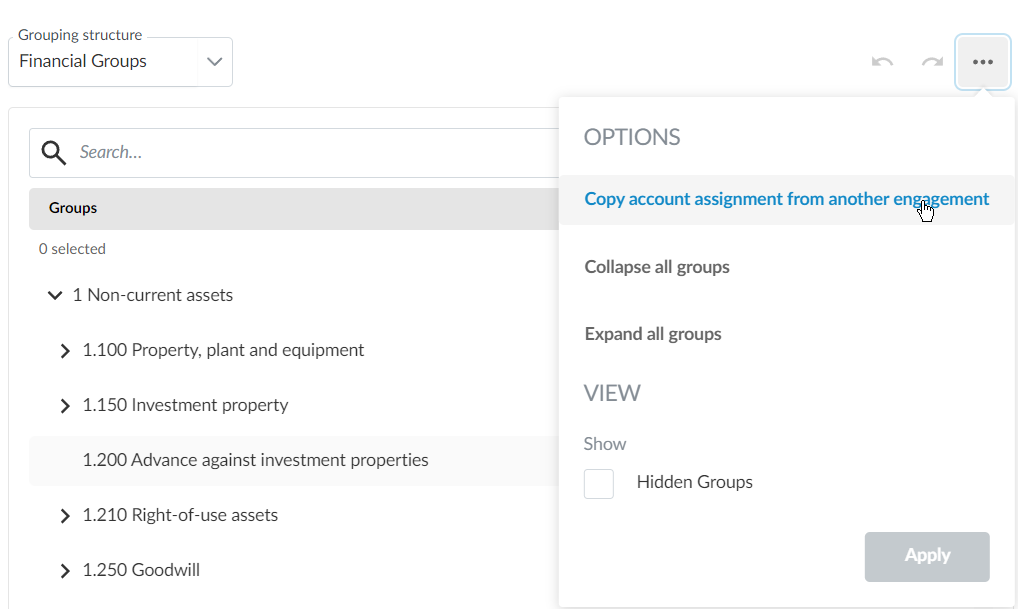 Selecting the option to copy an account assignment from a different engagement to the current engagement.