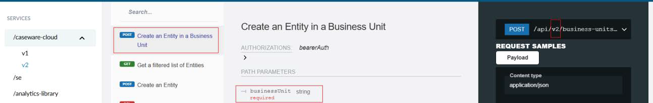 Viewing the endpoint to create an entity in a business unit