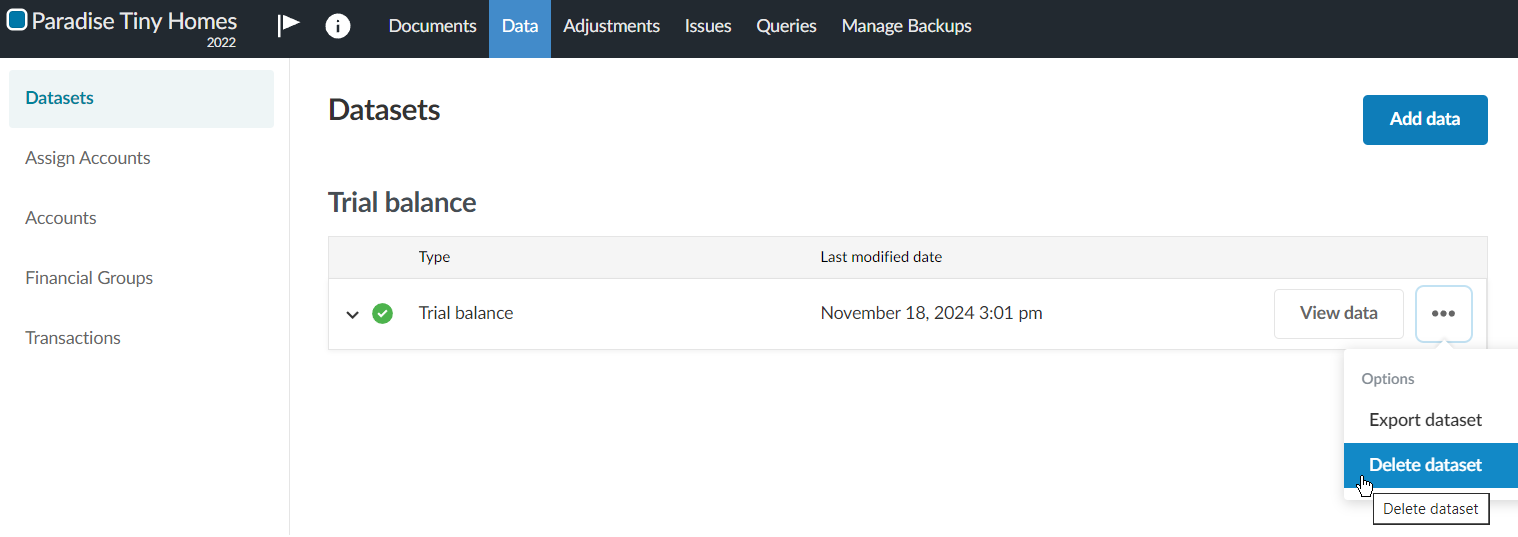 Deleting a trial balance dataset on the Datasets page.