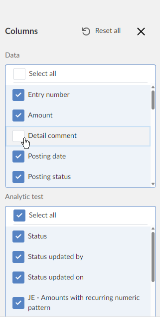 Deselecting columns or analytic tests to exclude them from showing on the Aggregate results page. 