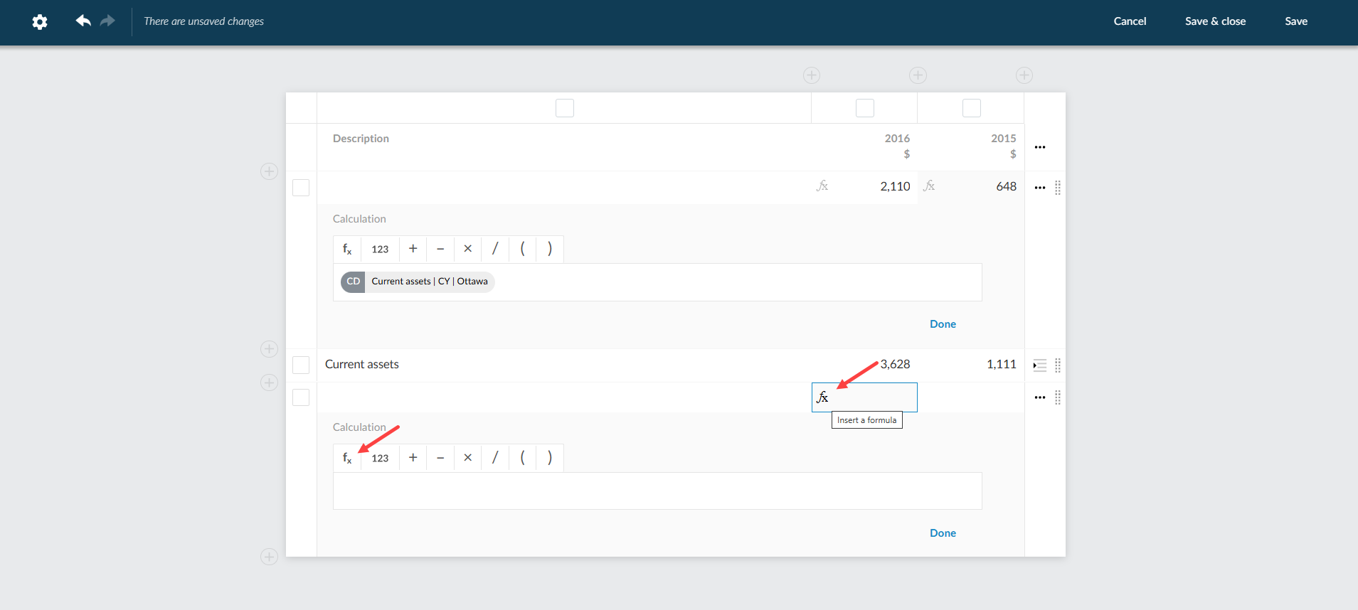 The user interface with Edit dynamic tables dialog to add a formula to a cell