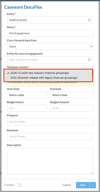 Selecting the template in OnPoint Audit.