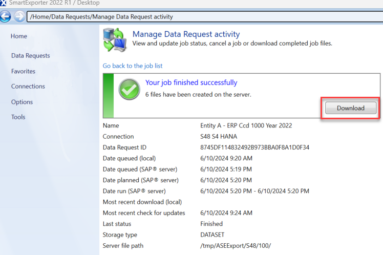 Downloading exported data files in SmartExplorer.