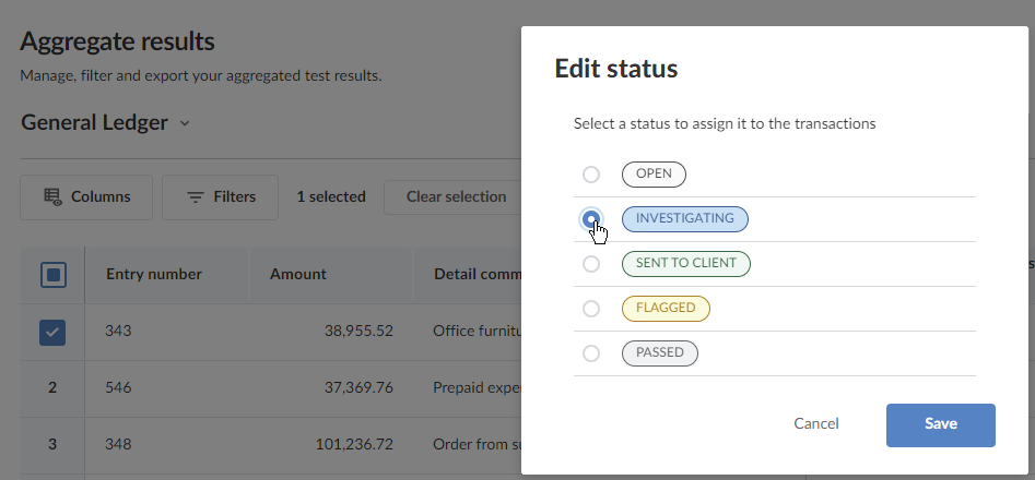 Selecting a status to set the transaction line to.