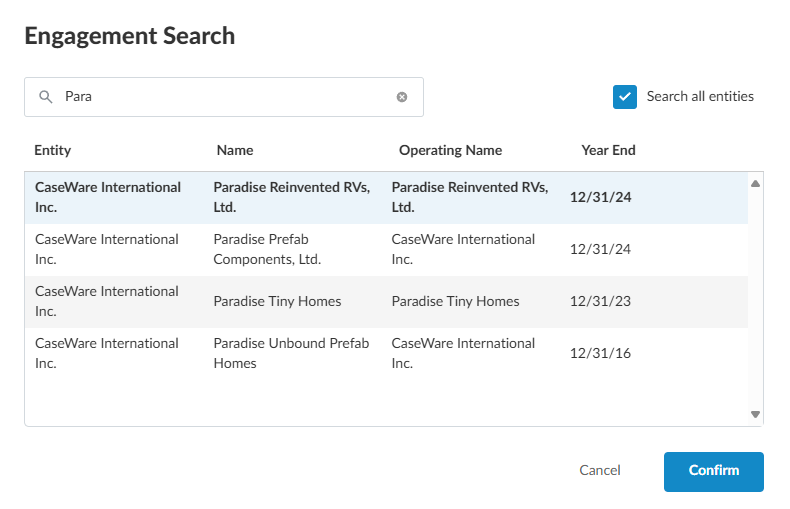 Searching for the engagement from which to copy content, such as risks, controls or checklists. 