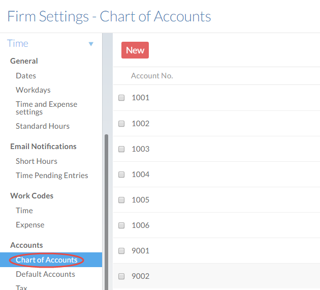 The Chart of Accounts section of the Settings page.