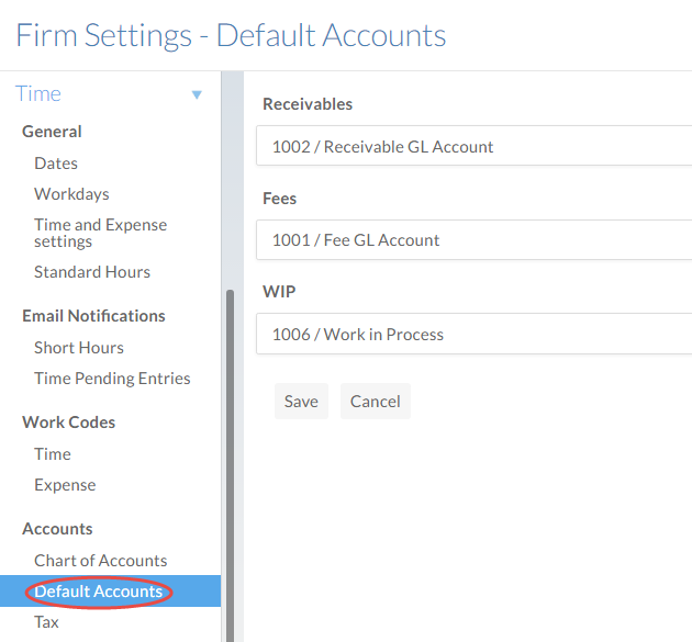 The Default Accounts section of the Settings page.