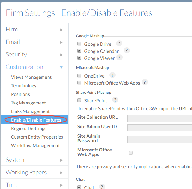 Select Enable/Disable Settings on the Settings page.