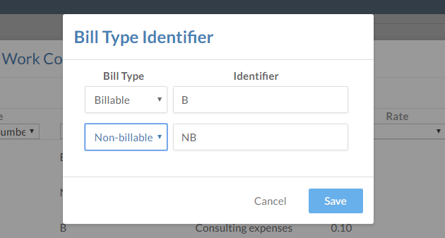 The Bill Type dialog from the Import Work Codes procedure
