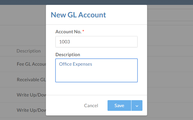 The New GL Account dialog in the Chart of Accounts page