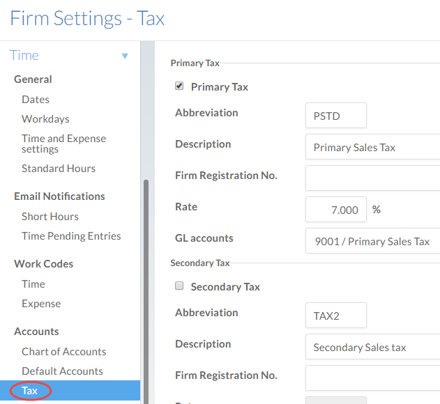 The Tax section of the Settings page.