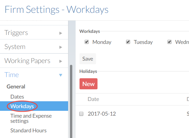 The Workdays section of the Settings page.