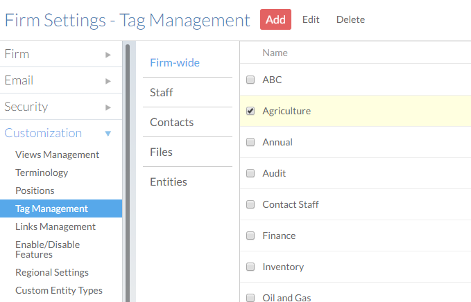 Add, edit, or delete tags from the Tag Management section of the Settings page.