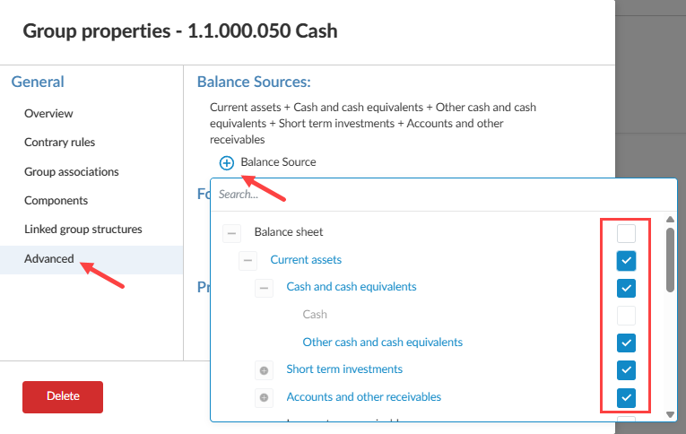 The user interface for selecting the Advanced options in a Group property for a financial group.