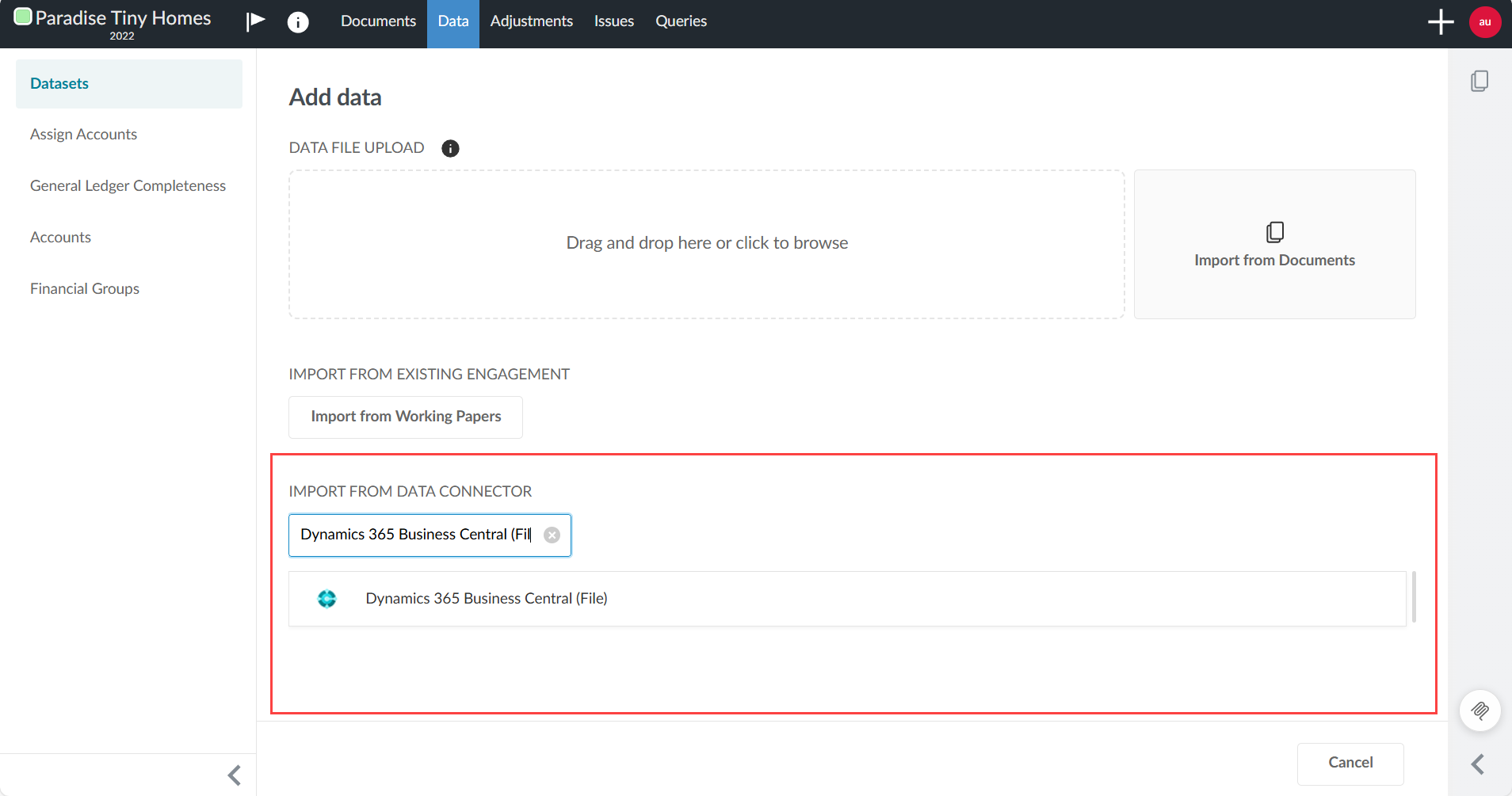Selecting Dynamics 365 Business Central (File) as a data connector on the Add data screen.
