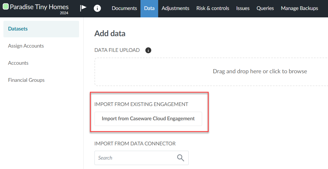 Option to import data from an existing Cloud engagement