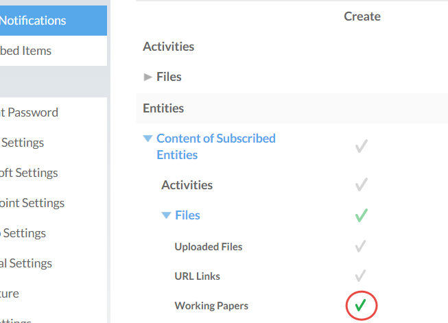 Content of Subscribes Entities section with the Working Papers option checkmarked 
