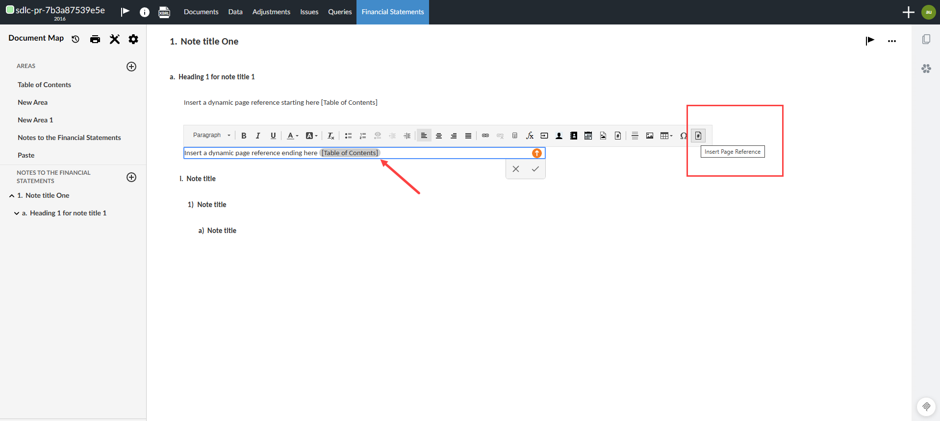 The user interface for selecting the Insert Page Reference icon from the formatting toolbar of an empty text field in checklist or financial statement.