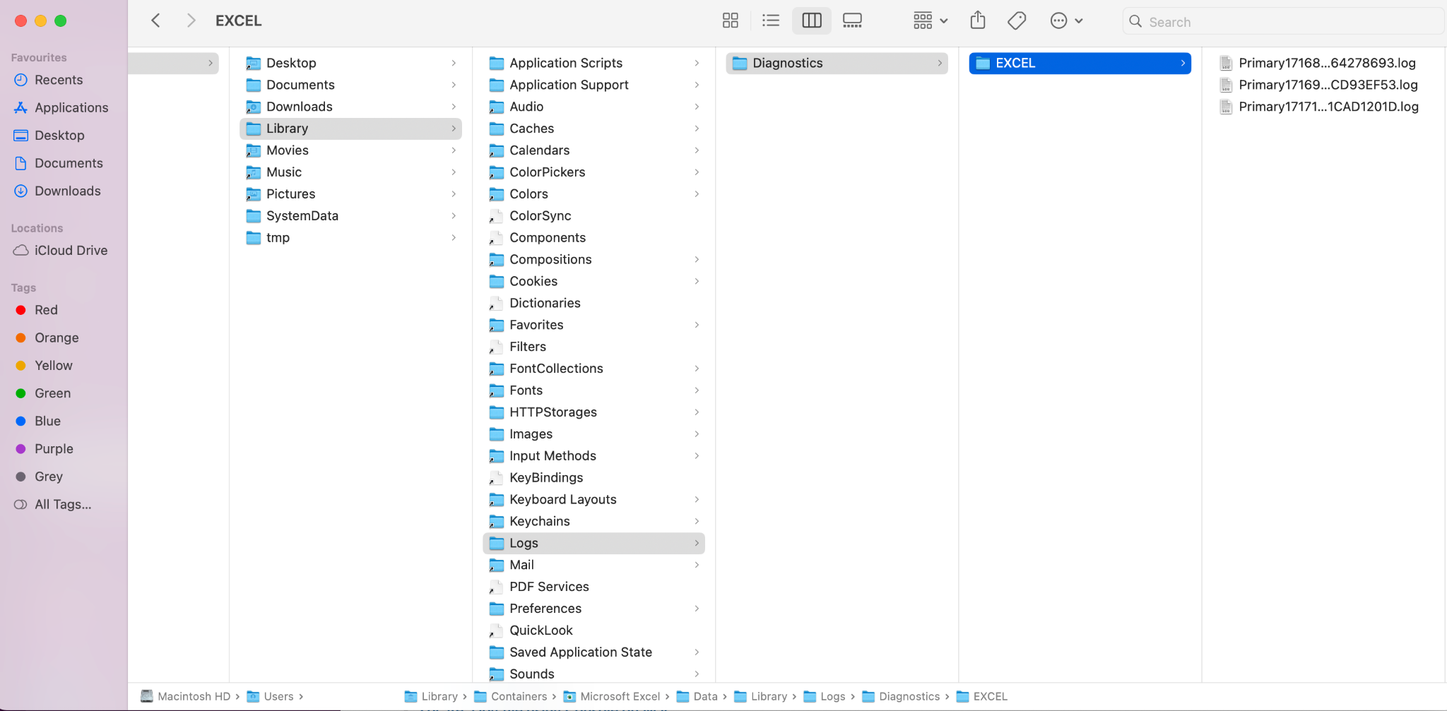Locate Microsoft Office document logs on a Mac.