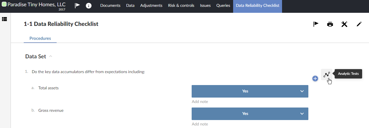 Navigating to analytic tests from a checklist procedure.