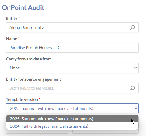 Selecting the template in OnPoint Audit.