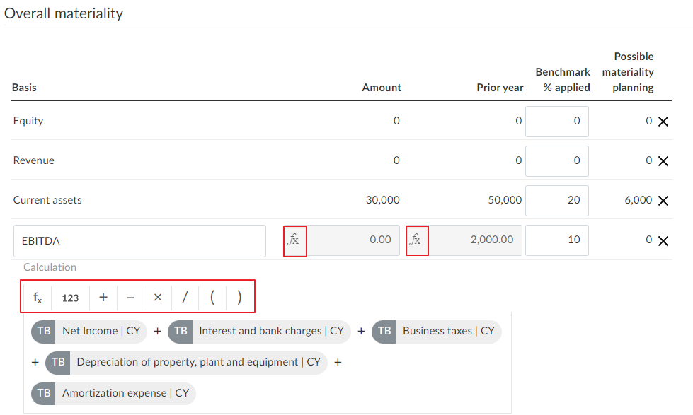 Custom formulas in the Overall materiality table