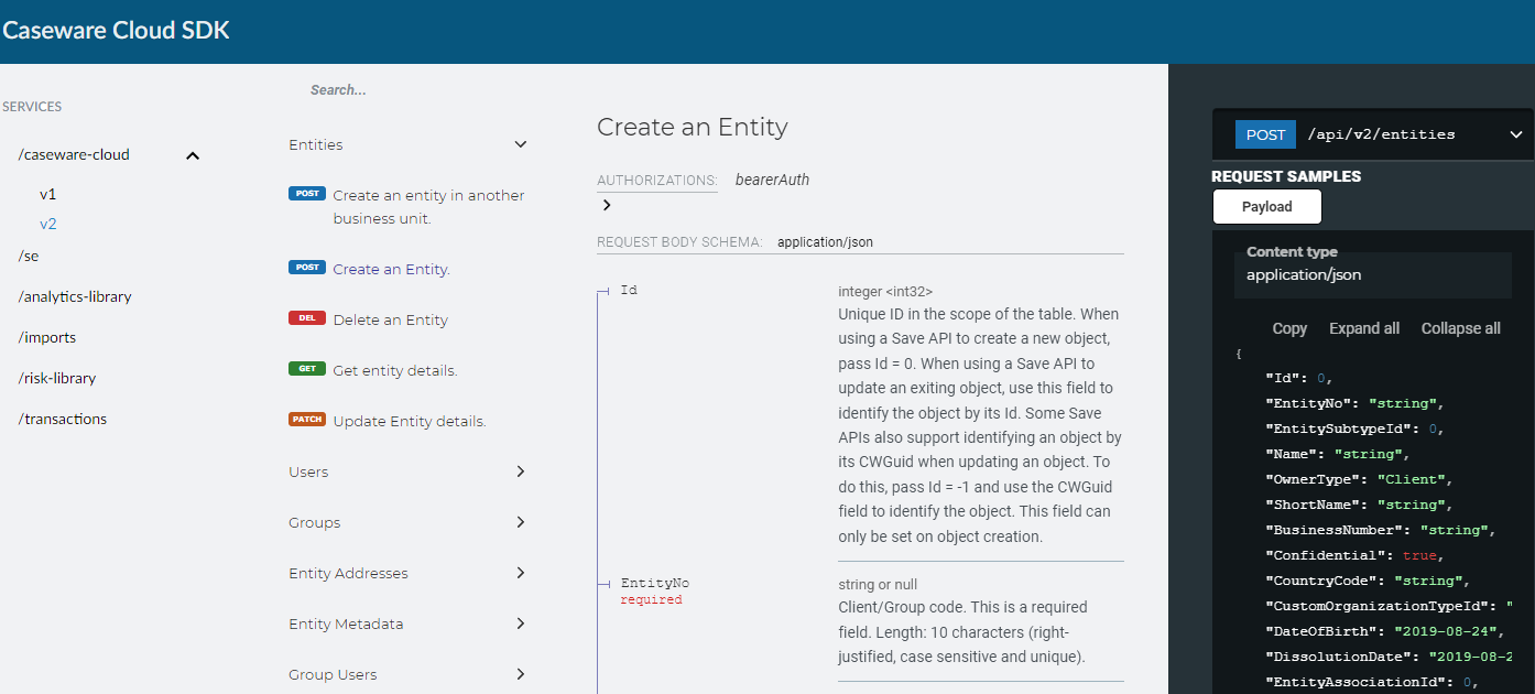 Viewing the response body schema in the POST Create operation for entities. 