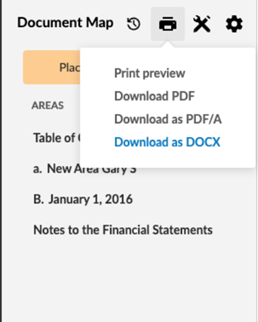 The user interface for selecting Download as DOCX from a dropdown menu.