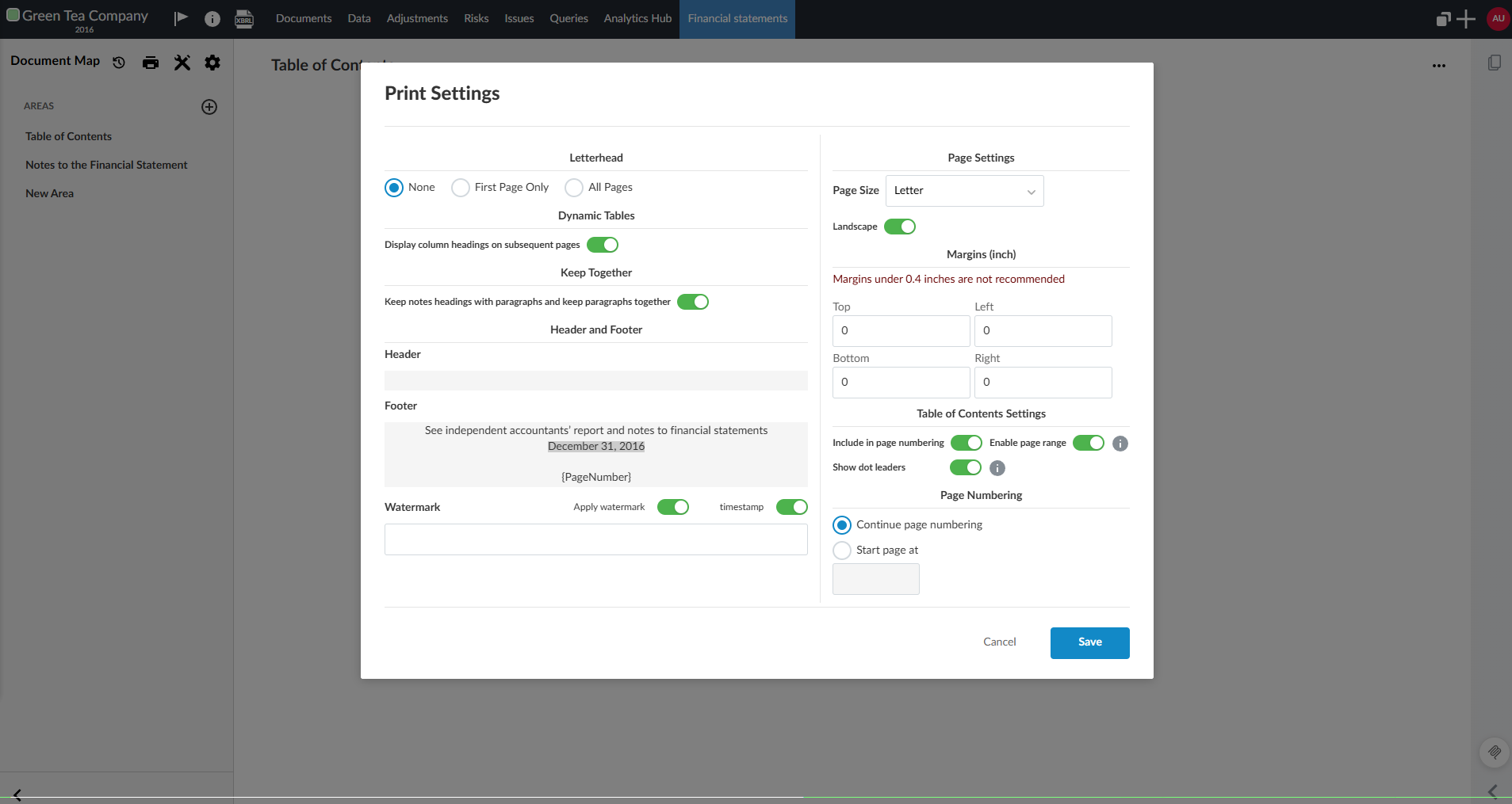 the dialog for print settings in the financial statement.