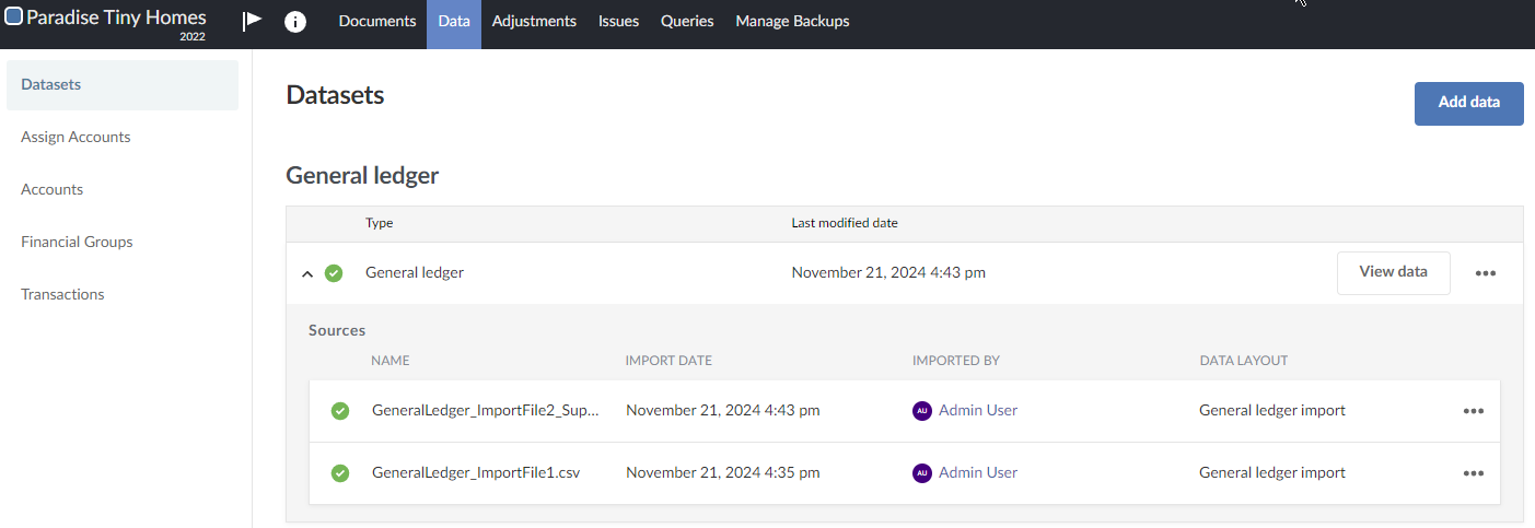 Resulting dataset only contains data from the second import file (GeneralLedger_ImportFile2_Superset.csv)