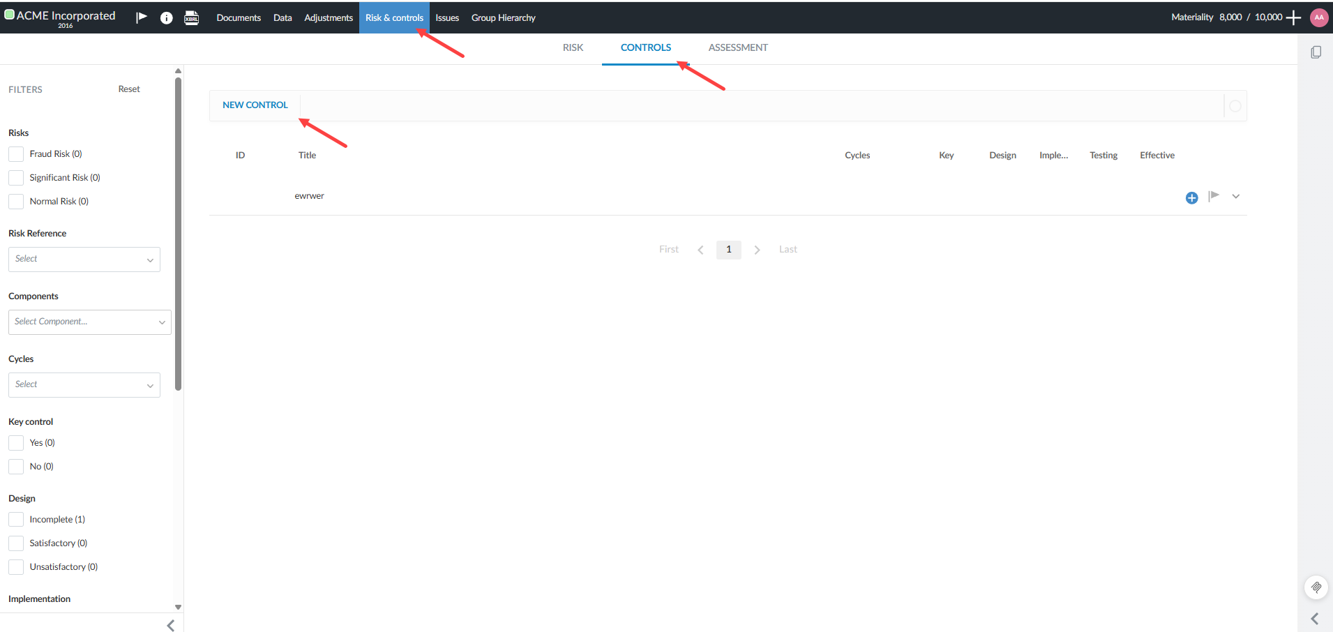 the user interface for selecting the Controls tab under the Risk and Controls page.