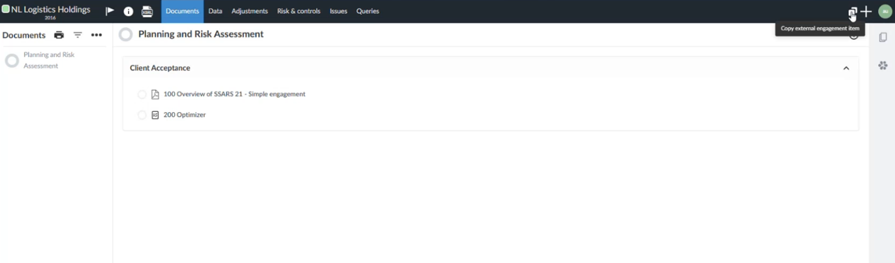 The user interface for clicking the icon for Copy external reference item.