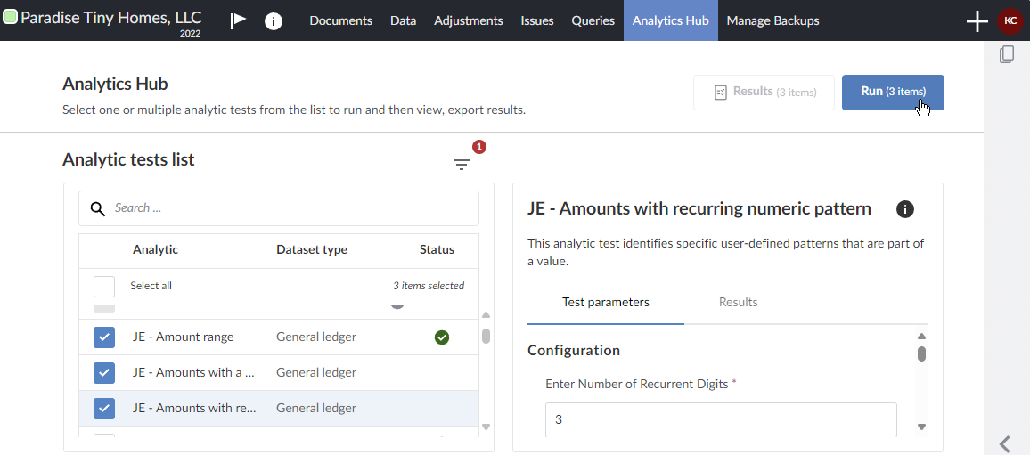 Running the analytic tests that were selected in Analytics Hub.