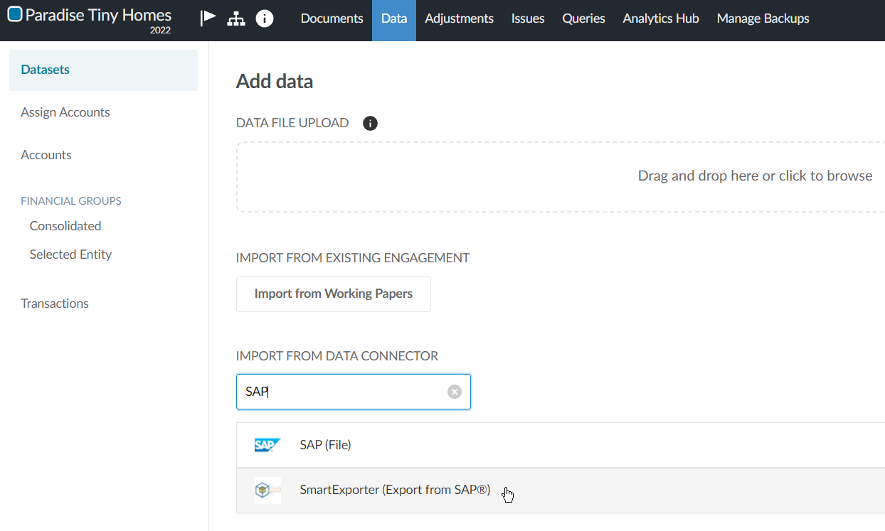 Finding the SAP SmartExporter data connector on the Datasets tab.