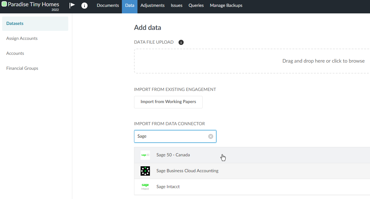 Selecting the Sage 50 - Canada data connector on the Datasets page.