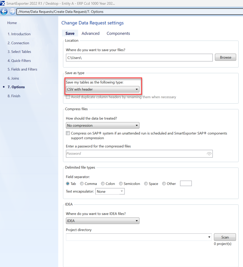 Setting the data format of exported tables to CSV.